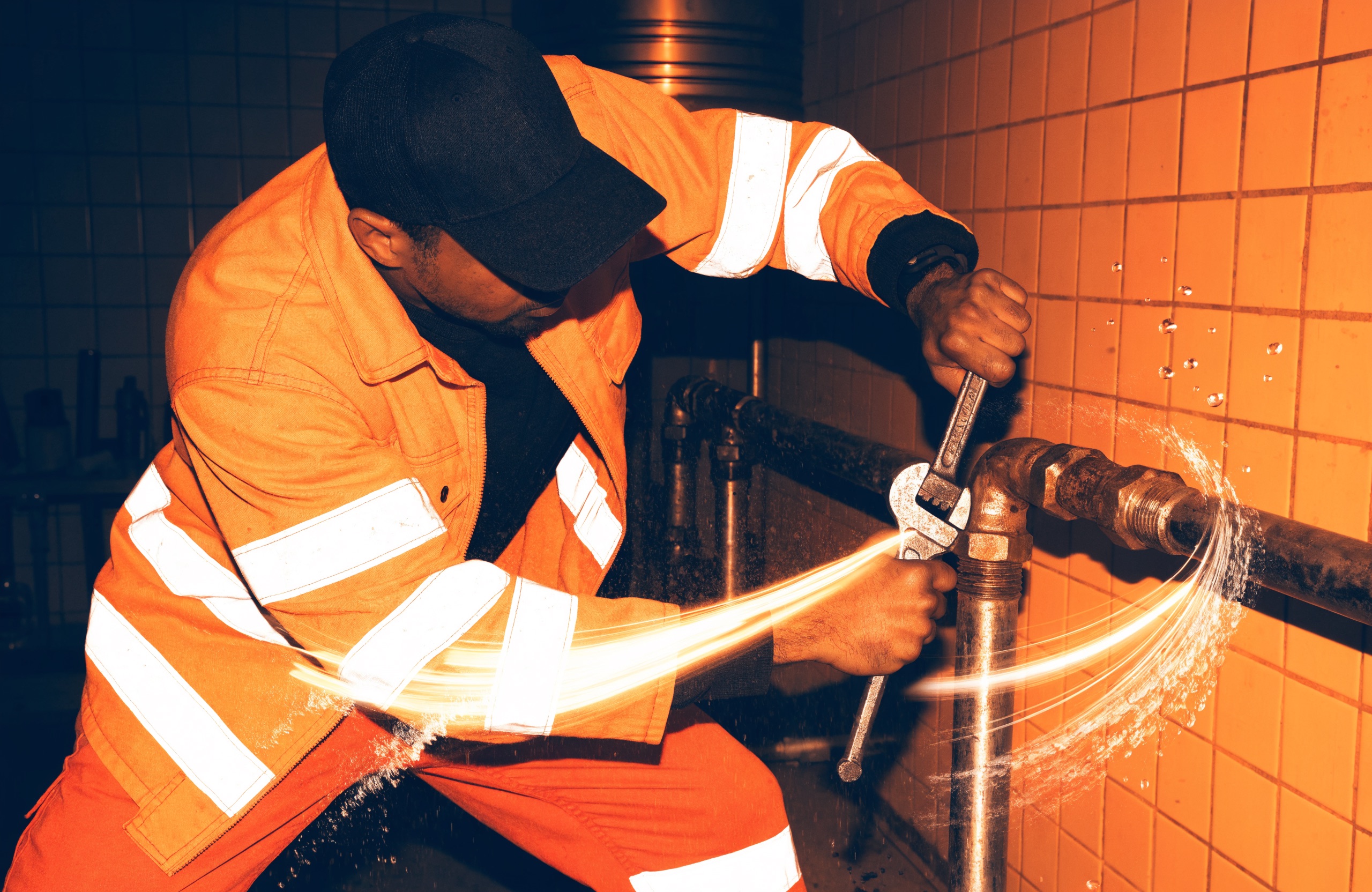 Plombier Minute en intervention sur une canalisation, outillage professionnel